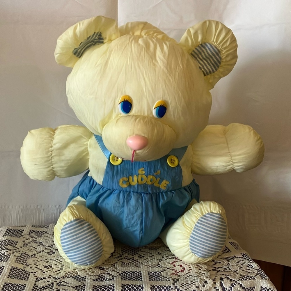 Vintage Let Cuddle 12” Yellow & Blue Puffy Plush Teddy Bear Preowned